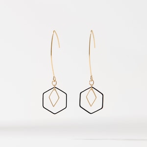 Black Hexagon Earrings - I, Small Geometric Earrings Hexagons and Diamonds, Black and Gold Earrings Dangle, Elegant Earring Drop Mixed Metal
