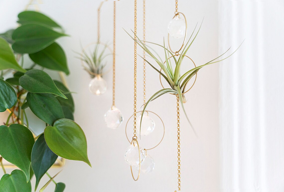 Hanging Air Plant Holder Mobile, Brass Air Plant Crystal Suncatcher