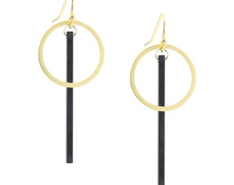 Le Contour" Mixed Metal Matte Gold and Black Bar Drop Earrings