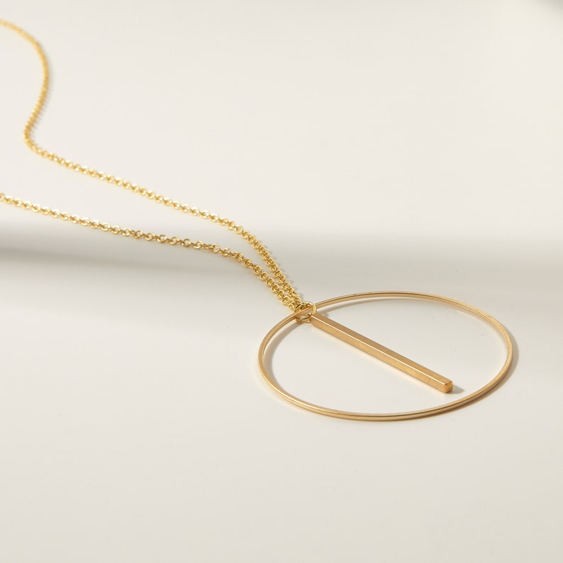 Gold Circle and Bar Necklace, Large Circle Pendant Necklace Gold Plated, Big Circle Necklace with Bar, Vertical Bar Necklace Contemporary image 1