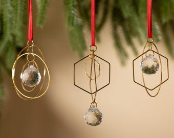 Minimalist Geometric Gold & Crystal Ornament - Set of 3