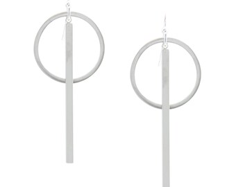 Le Contour" Matte Silver Circle and Bar Drop Earrings