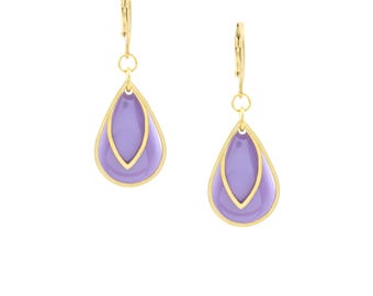 Le Délice" Waterproof "Heirloom" Gold Purple Enamel Art Deco Leverback Earrings