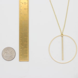 Gold Circle and Bar Necklace, Large Circle Pendant Necklace Gold Plated, Big Circle Necklace with Bar, Vertical Bar Necklace Contemporary image 6