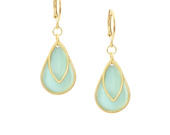 Le Délice" Waterproof "Imperméable" Aqua Pastel Waterproof Gold Enamel Art Deco Leverback Earrings
