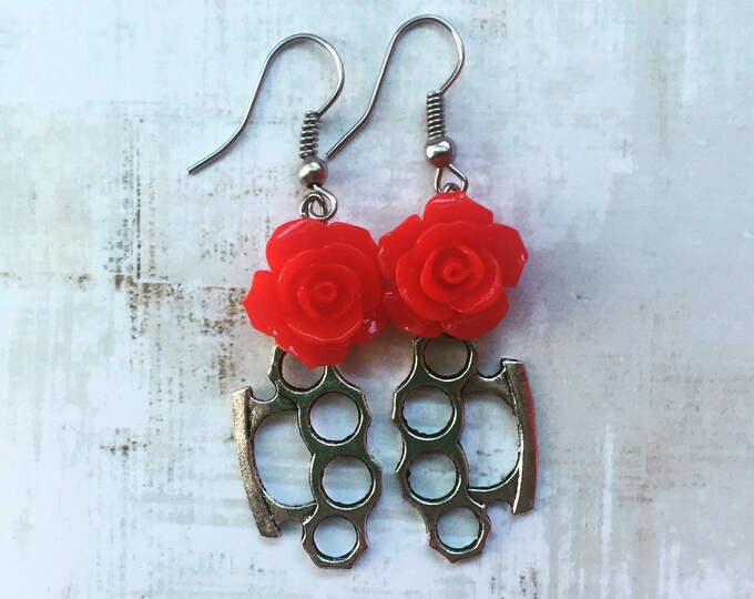 Rose Earrings Brass Knuckle Earrings Flower Earrings Etsy