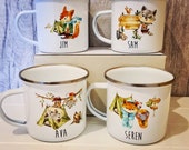 Woodland animal enamal camping mugs, foxes and raccoons