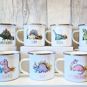 Personalised enamel dinosaur camping mug, 10 dinosaurs to choose from for both boys and girls!