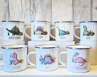 Personalised enamel dinosaur camping mug, 10 dinosaurs to choose from for both boys and girls!