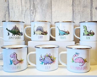 Personalised enamel dinosaur camping mug, 10 dinosaurs to choose from for both boys and girls!