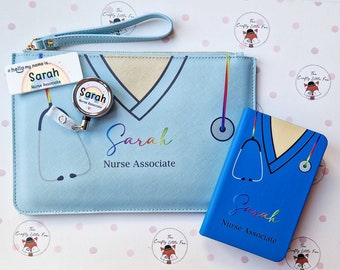 Nurse scrubs bag,A6 notebook and badge and reel set. Personalised saffiano clutch bag, student nurse, student midwife, placements