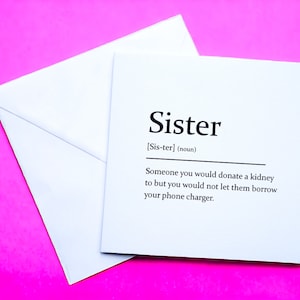Tarjeta de felicitación con definición sarcástica de hermana, tarjeta de cumpleaños, tarjeta de amiga