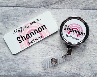 Pink rainbow name badge and badge reel set. ID Card badge reel. Nurse, doctor, medical, healthcare NHS