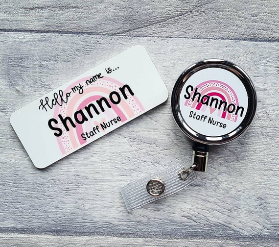 Pink Rainbow Name Badge and Badge Reel Set. ID Card Badge Reel