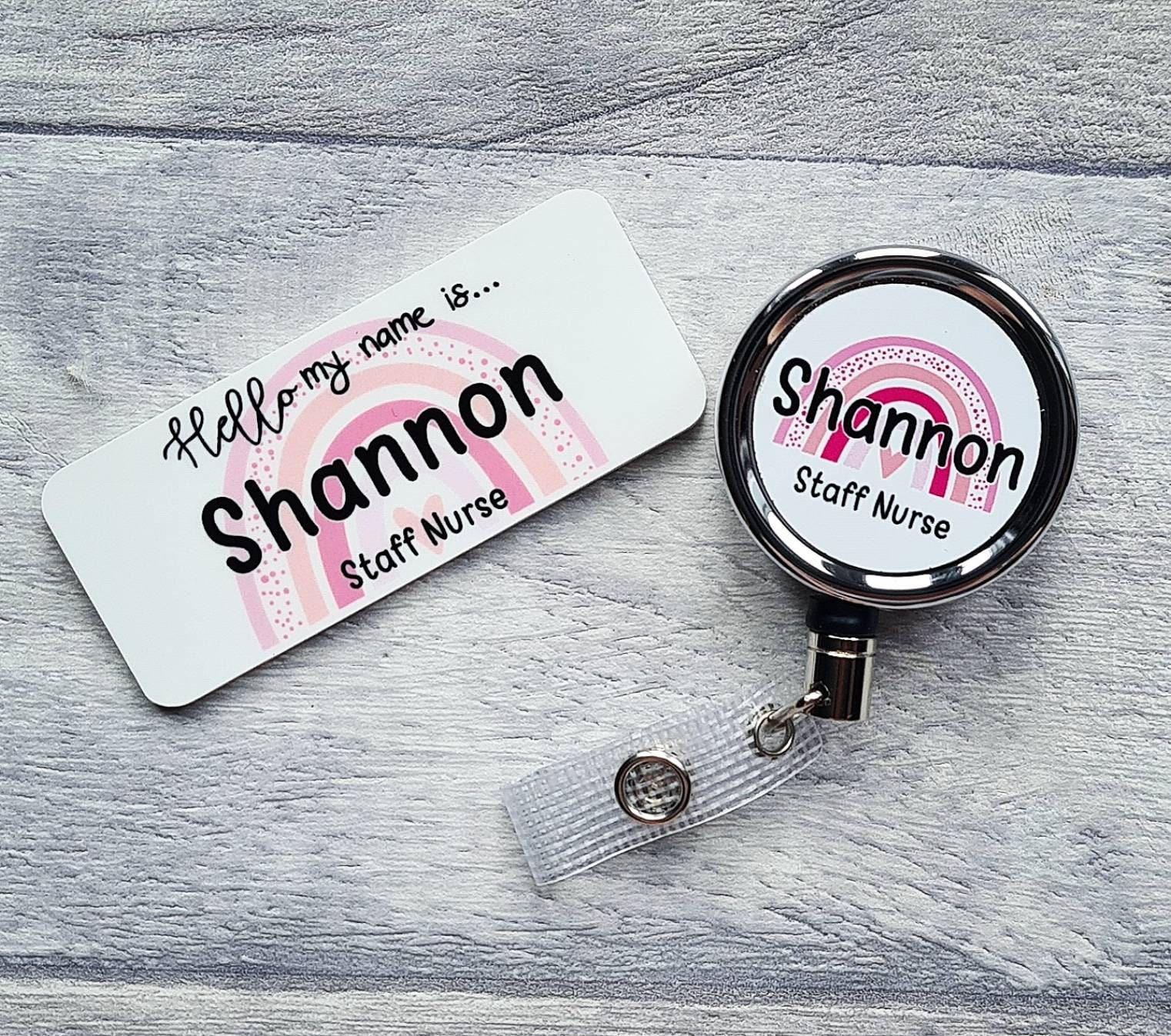 Pink rainbow name badge and badge reel set. ID Card badge reel. Nurse, doctor, medical, healthcare NHS