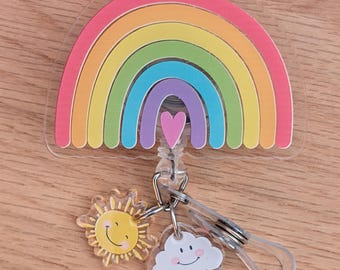 Porta badge retrattile arcobaleno con sole e nuvola, infermiere, studente infermiere, medico,