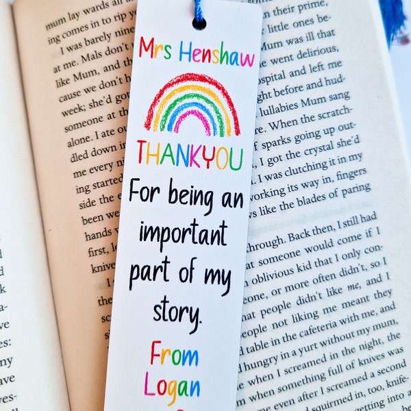 Personalised rainbow teacher bookmark, available in black and white, teacher gift, end of term