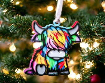 Standard Wooden Christmas highland cow ornament in both standard and rainbow colours, christmas ornament