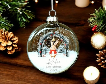 Fully personalised woodland snow filled flat glass ornament, build your own design, first christmas, keepsake
