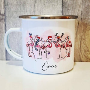 Personalised flamingo christmas enamel camping mug