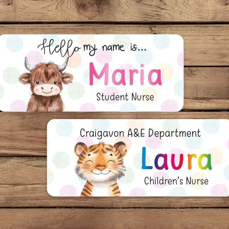 Personalized Cute Animal Polka Dot Name Badge, Nurse, Doctor, Student, Midwife, Hospital