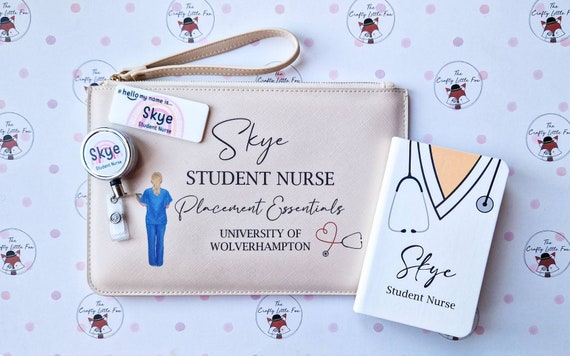 Nurse Bag, A6 Notebook and Badge Reel Set Personalised Saffiano Clutch Bag  , Student Nurse, Student Midwife, Placements -  UK