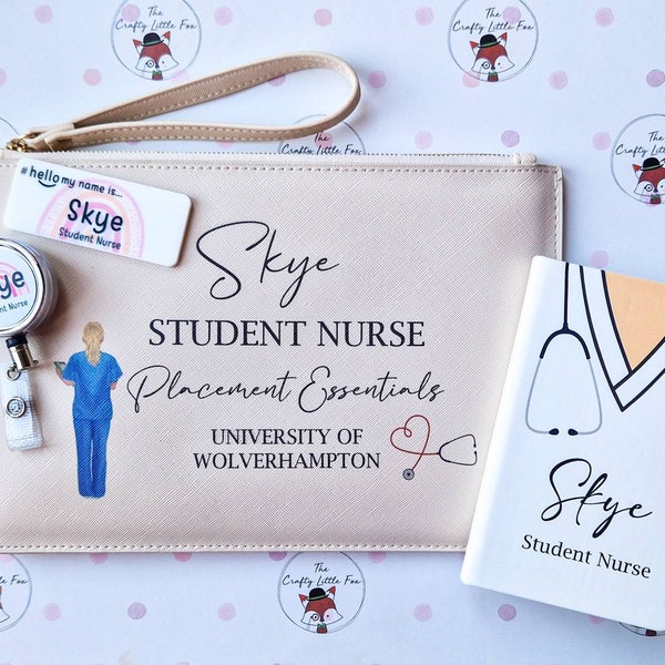 Nurse bag, A6 notebook and badge reel set personalised saffiano clutch bag , student nurse, student midwife, placements