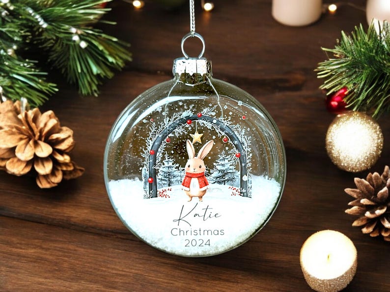 Fully Personalised Woodland Snow Filled Glass Ornament, Build Your Own
