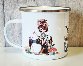 Sewing girls enamel camping mug