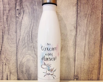 Funny unicorn/horse custom double walled thermal drinks bottle- 500ml, teacher gift, gym,