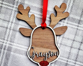 Wooden Reindeer personalised Christmas ornament with red glitter nose