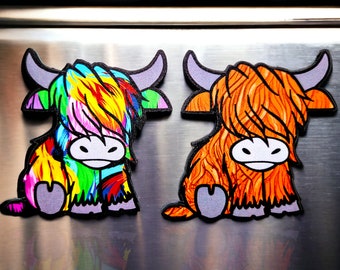 Highland cow wooden or acrylic magnets in both standard and rainbow colour