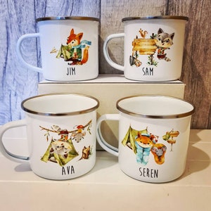 Woodland animal enamal camping mugs, foxes and raccoons