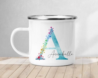 Rainbow alphabet personalised enamel camping mug