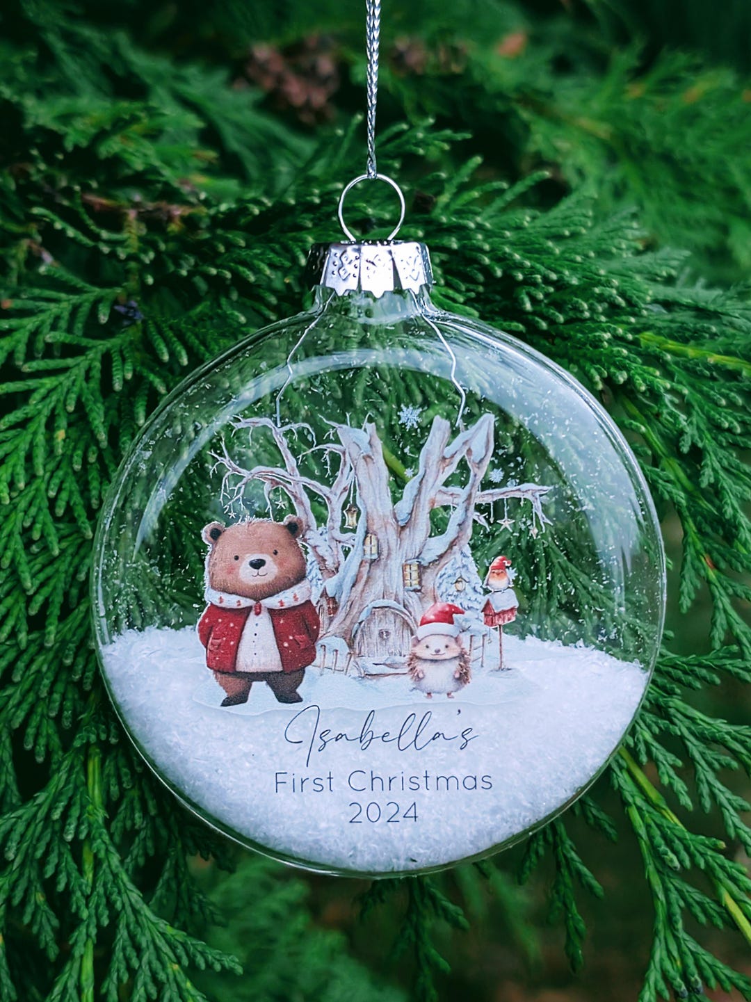 Fully Personalised Woodland Snow Filled Glass Ornament, Build Your Own