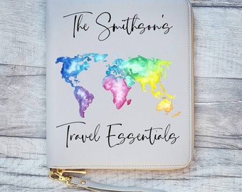 Rainbow map travel document folder, passport holder and travel organiser