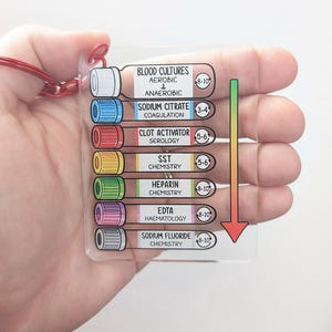 May include: A clear acrylic keychain with a diagram of blood collection tubes. The tubes are labelled with different colours and names, including "Blood Cultures," "Sodium Citrate," and "EDTA." A red cord is attached to the top.
