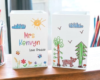 Teacher gift personalised wooden pencil pot with cute children's drawings on all 4 sides