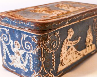 Antique Blue Tin Box with White Greek Reliefs, 1900–1950 – Vintage Metal Canister with Patina, Decorative Storage, Classical Collectible