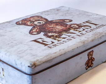 Vintage Ernest Le Gamin Tin Box – French Teddy Bear Storage, 1980s/90s Nostalgia, Cute Rectangle Metal, Child Fashion Retro Collector’s Item