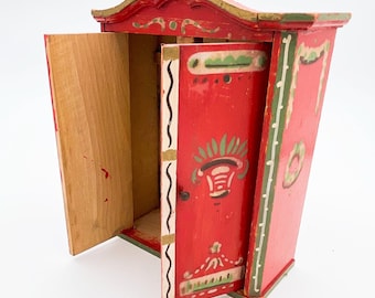 Vintage Handcrafted Wooden Doll Closet, German 1930s-1960s, Unique Red Painted Miniature, Dollhouse Furniture, Functional with Hooks, Knobs