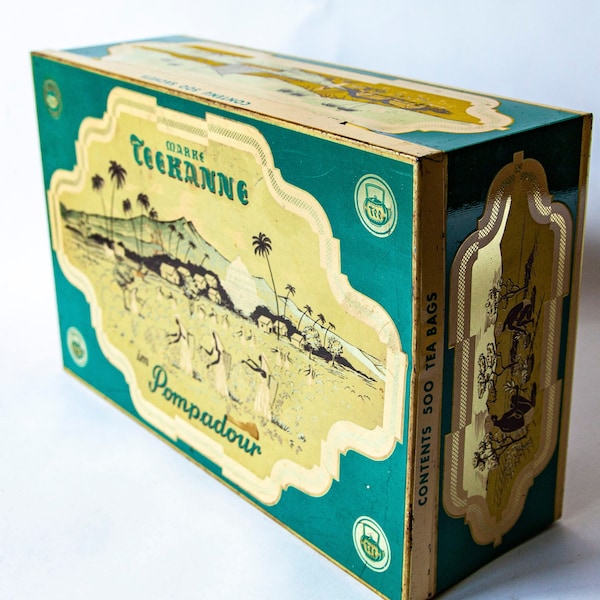 boîte à thé vintage par Teekanne Pompadour - Conception de scène de récolte vert jaune, couvercle de récipient à biscuits de café vintage vintage allemand de taille moyenne