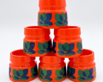 Set of 2 Vintage Orange Plastic Egg Cups with Green & Blue Floral Pattern, 1970s-1980s, Breakfast Tableware Retro Kitchenware 70s 80s