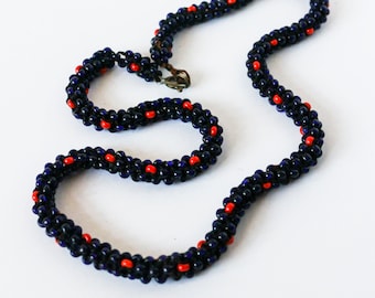 Vintage necklace dark blue and red glass beads - 50s 60s Coral design style