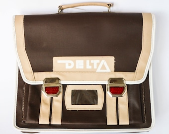 School bag Delta - Vintage 70s 80s brown and beige satchel with handle and compartments - Lightweight schoolbag with stripes and cat&#39;s eyes