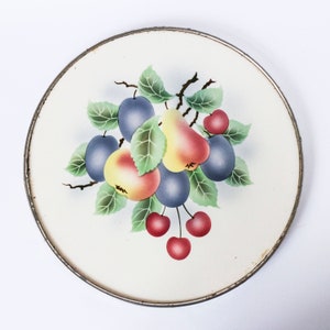 Vintage cake plate tableware with fruit design - Stylish 50s 60s platter, white round serving tray with metal rim - cherries, pears & plums