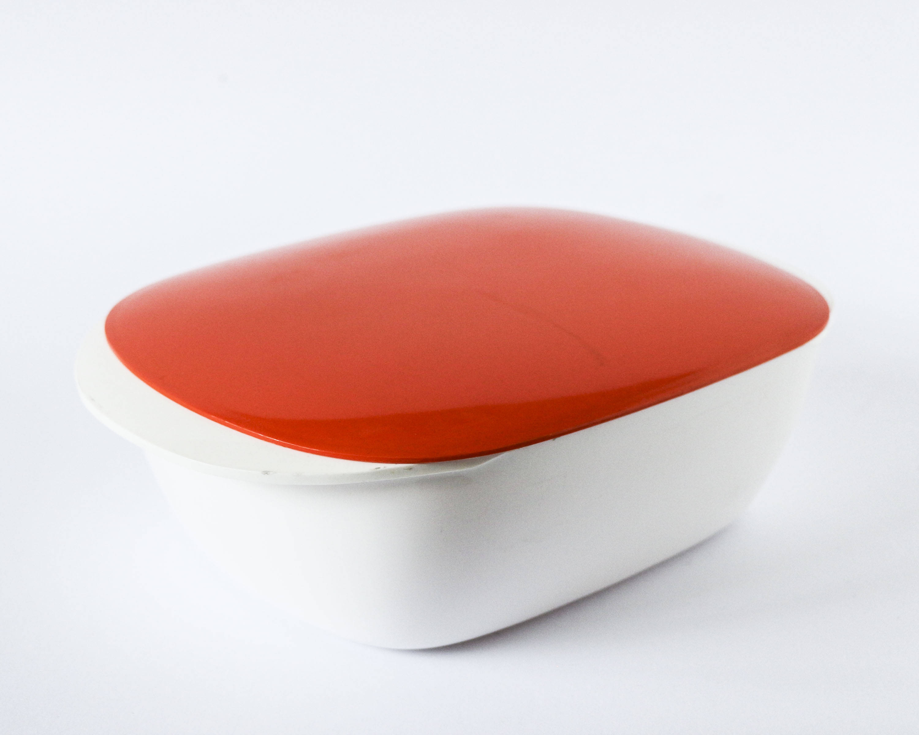 Orange white 70s 80s plastic bowl with lid - Rectangular round cubic shape - German vintage storage design Space Age