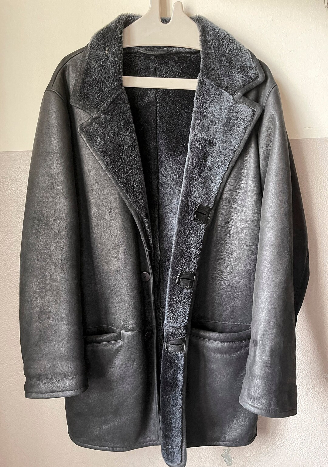 Black Shearling Leather Jacket, Men's Coat Lamb Hide and Fur