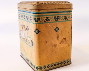 Vintage Tin Box "TATES" Yellow Blue Green | 30s 40s Patina Metal Canister | Retro Storage Container | Mid Century Kitchen Decor Collectible