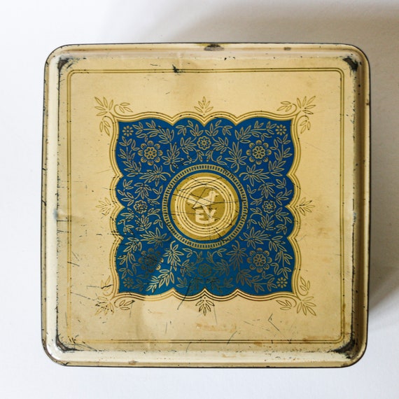 Download Yellow Blue And Gold Tin Box Large Vintage Metal Cookie Box Etsy